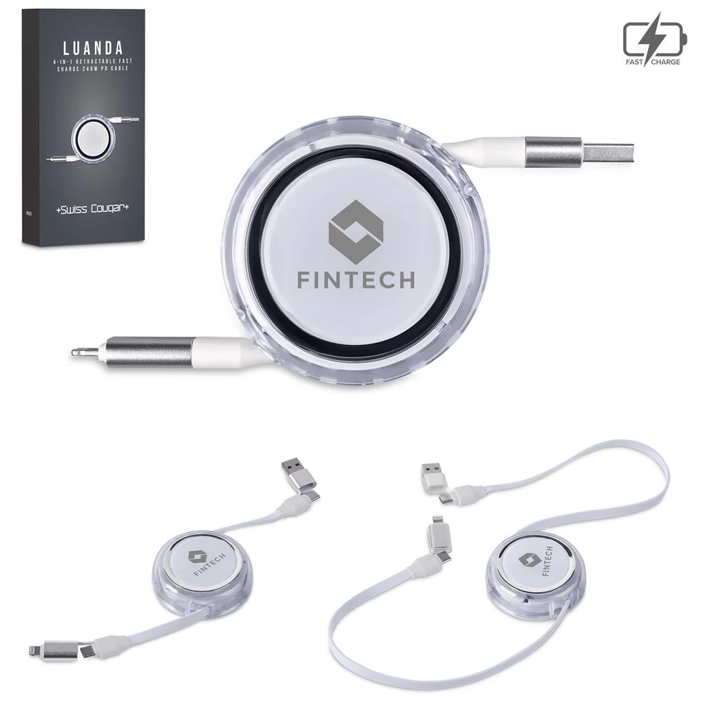 Swiss Cougar Luanda 4-In-1 Retractable Fast Charge 240W Power Delivery Cable | Mt-Sc-531-B